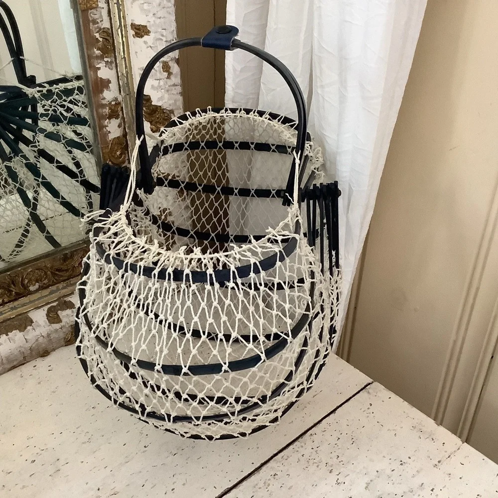 Vintage Japanese Foldable Collapsible Market Egg Basket Navy White Wood Purse